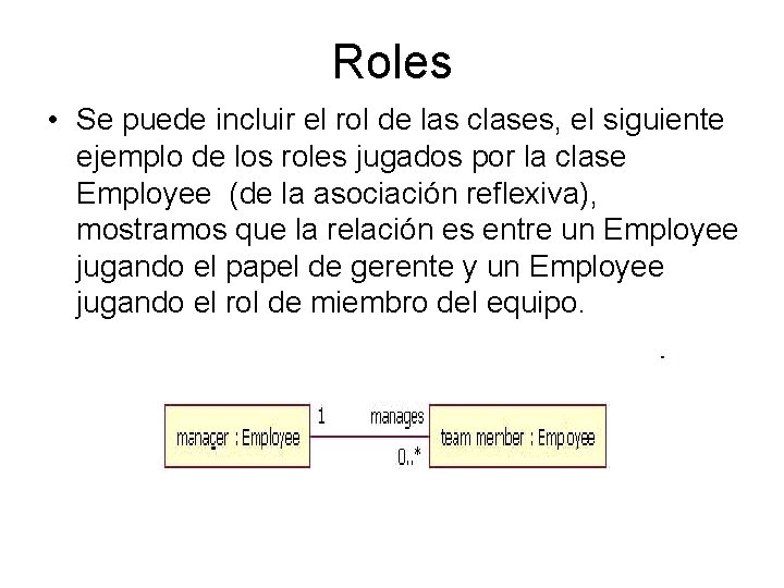 Roles • Se puede incluir el rol de las clases, el siguiente ejemplo de
