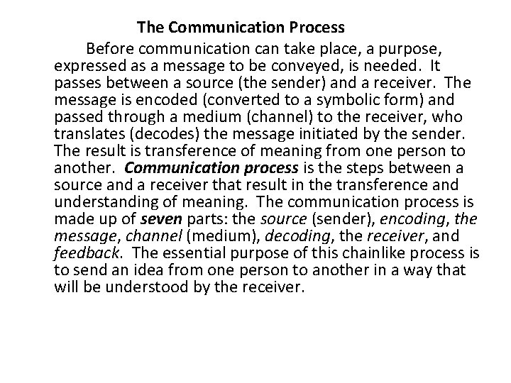 The Communication Process Before communication can take place, a purpose, expressed as a message