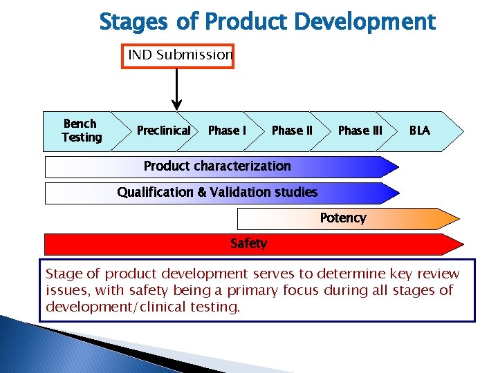 Stages of Product Development IND Submission Bench Testing Preclinical Phase III BLA Product characterization