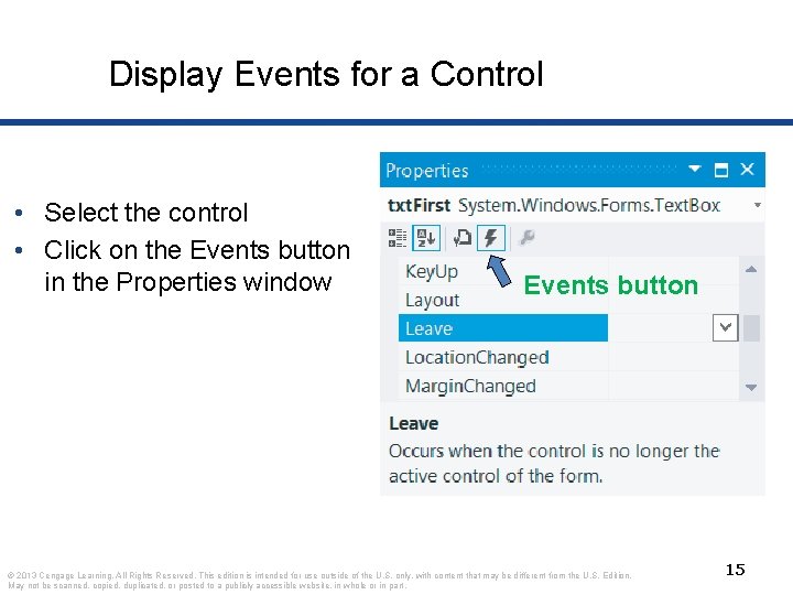 Display Events for a Control • Select the control • Click on the Events