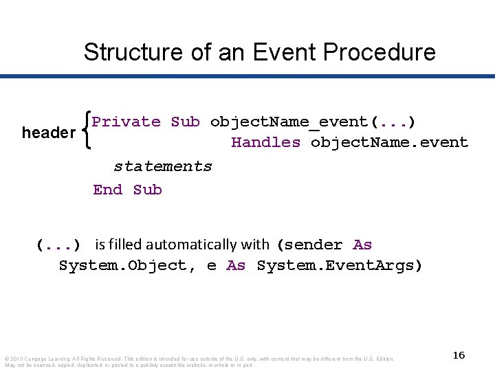 Structure of an Event Procedure Private Sub object. Name_event(. . . ) header Handles