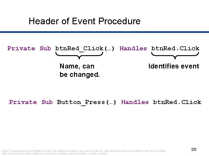 Header of Event Procedure Private Sub btn. Red_Click(…) Handles btn. Red. Click Name, can