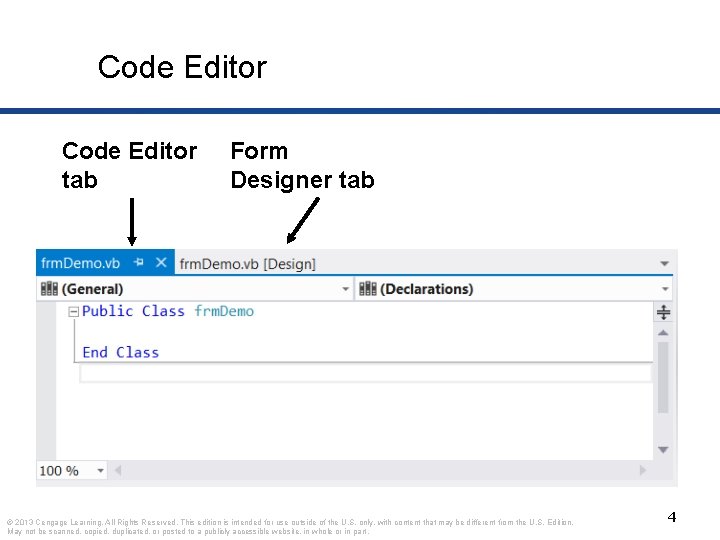 Code Editor tab Form Designer tab © 2013 Cengage Learning. All Rights Reserved. This