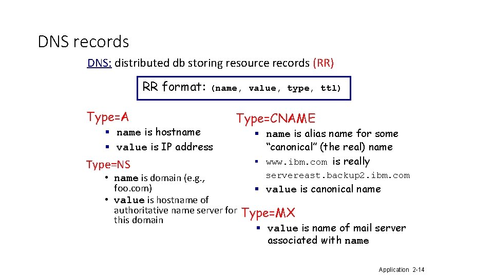 DNS records DNS: distributed db storing resource records (RR) RR format: Type=A (name, value,