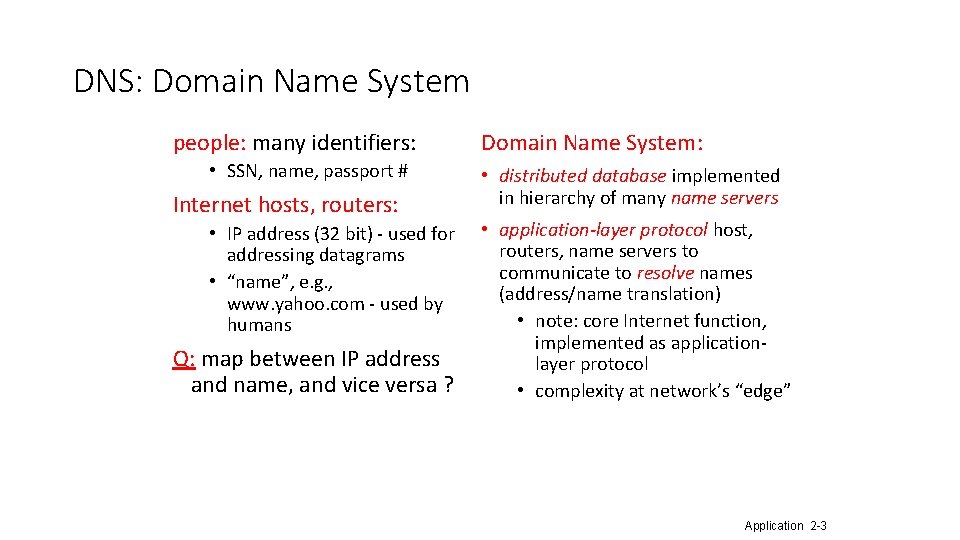 DNS: Domain Name System people: many identifiers: • SSN, name, passport # Internet hosts,