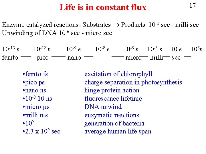 17 Life is in constant flux Enzyme catalyzed reactions- Substrates Products 10 -3 sec 17 Life is in constant flux Enzyme catalyzed reactions- Substrates Products 10 -3 sec