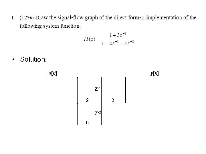  • Solution: x[n] y[n] Z-1 2 3 Z-2 5 