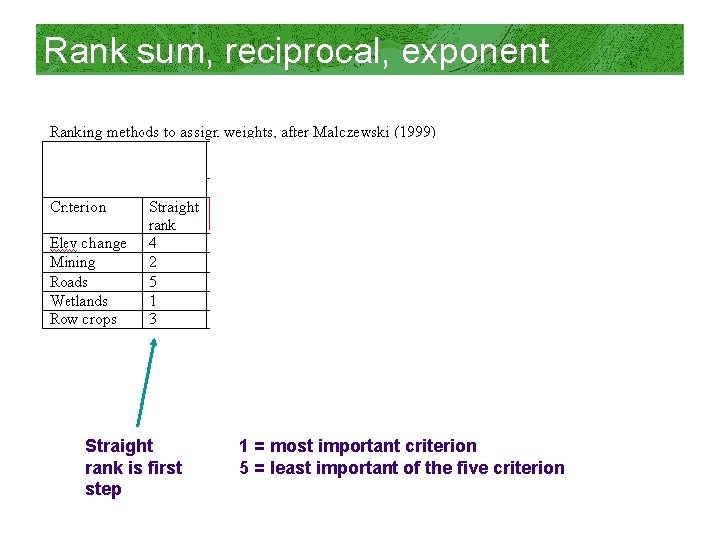 Rank sum, reciprocal, exponent Straight rank is first step 1 = most important criterion