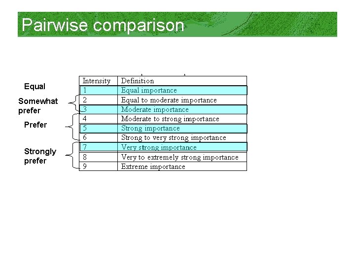 Pairwise comparison Equal Somewhat prefer Prefer Strongly prefer 