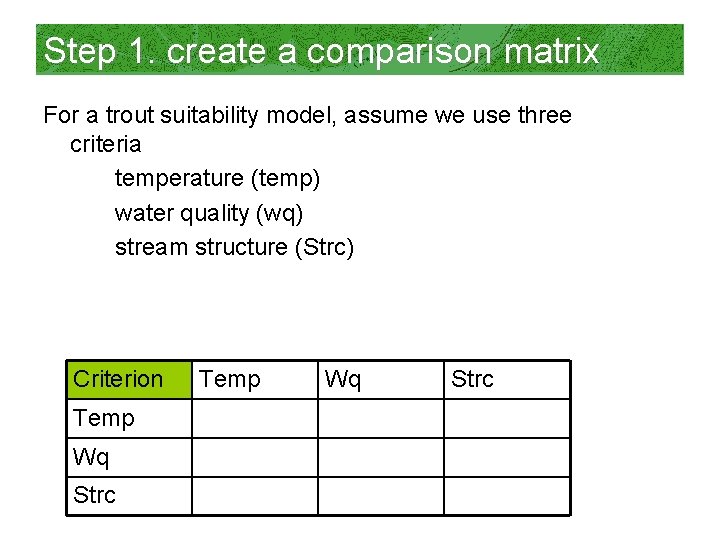 Step 1. create a comparison matrix For a trout suitability model, assume we use