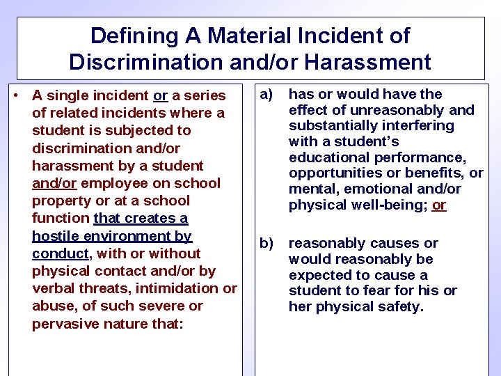 Defining A Material Incident of Discrimination and/or Harassment • A single incident or a