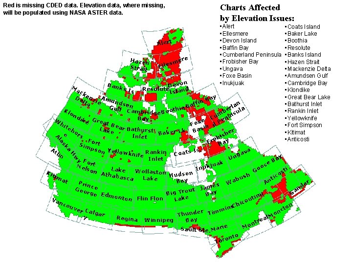 Red is missing CDED data. Elevation data, where missing, will be populated using NASA