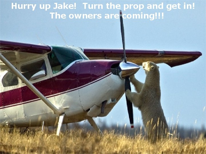 Hurry up Jake! Turn the prop and get in! The owners are coming!!! 4