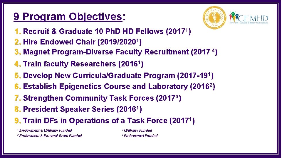 9 Program Objectives: 1. Recruit & Graduate 10 Ph. D HD Fellows (20171) 2.