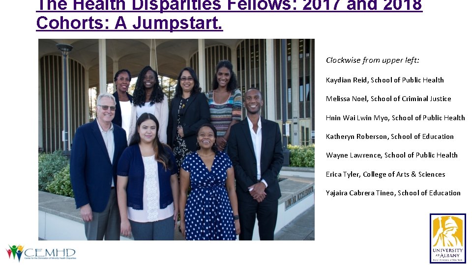 The Health Disparities Fellows: 2017 and 2018 Cohorts: A Jumpstart. Clockwise from upper left: