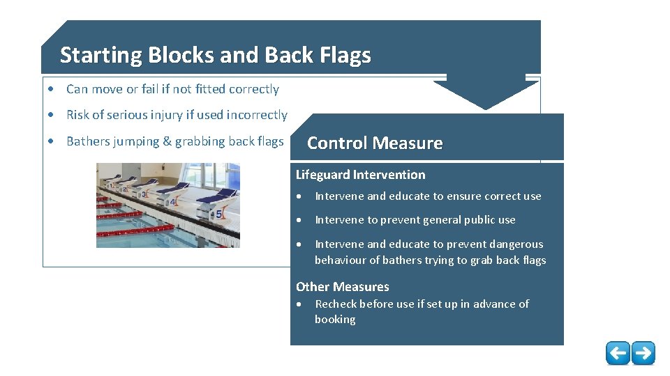 Starting Blocks and Back Flags Can move or fail if not fitted correctly Risk