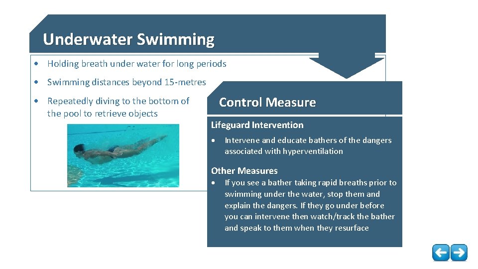 Underwater Swimming Holding breath under water for long periods Swimming distances beyond 15 -metres