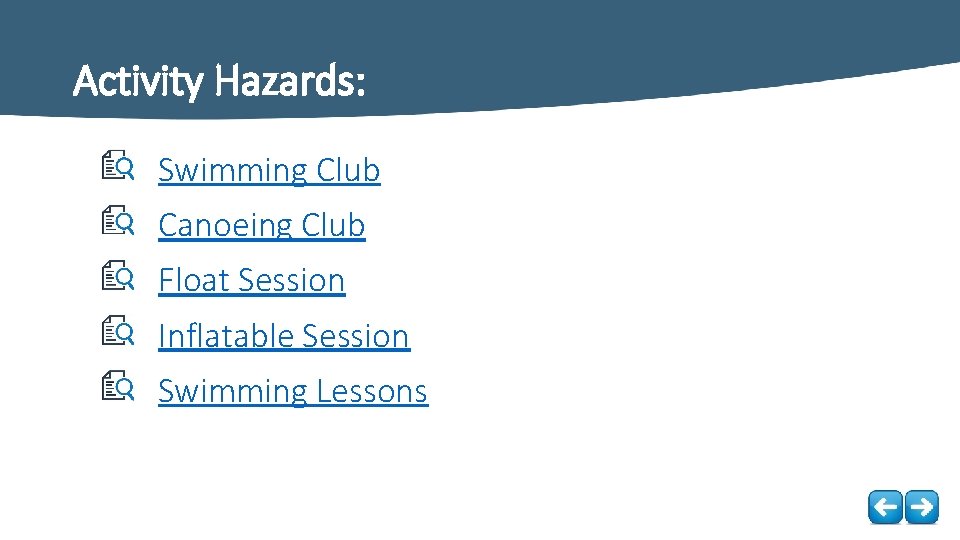 Activity Hazards: Swimming Club Canoeing Club Float Session Inflatable Session Swimming Lessons 