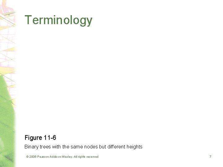 Terminology Figure 11 -6 Binary trees with the same nodes but different heights ©