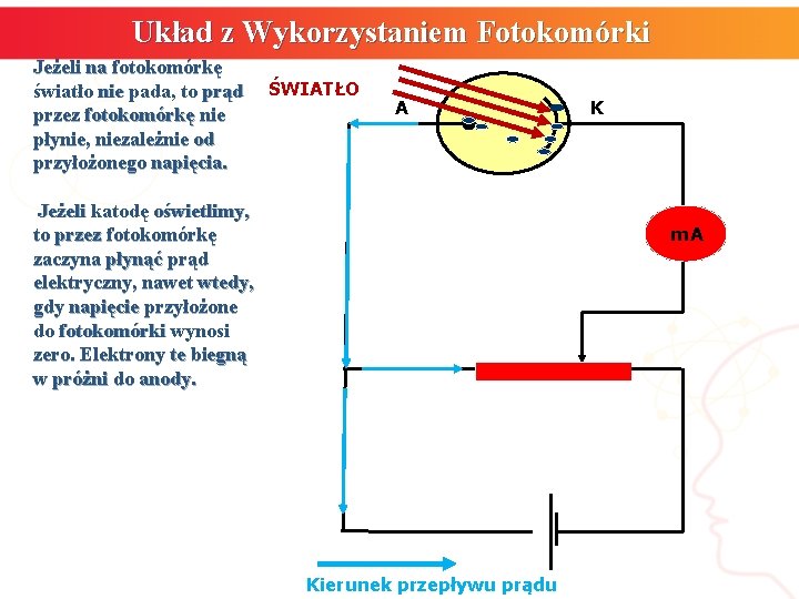 Układ z Wykorzystaniem Fotokomórki Jeżeli na fotokomórkę światło nie pada, to prąd przez fotokomórkę