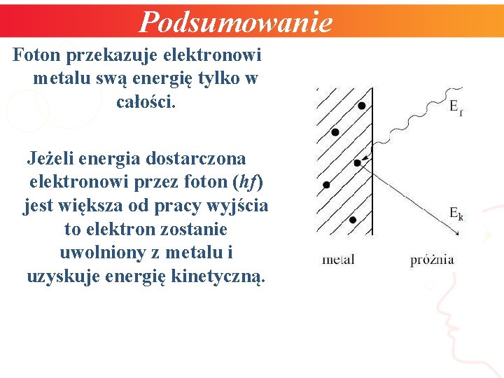 Podsumowanie Foton przekazuje elektronowi metalu swą energię tylko w całości. Jeżeli energia dostarczona elektronowi