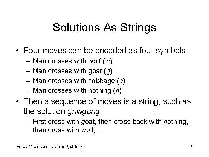 Solutions As Strings • Four moves can be encoded as four symbols: – –