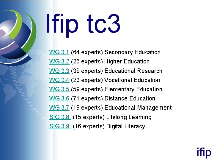 Ifip tc 3 WG 3. 1 (64 experts) Secondary Education WG 3. 2 (25