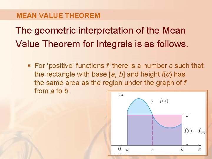 MEAN VALUE THEOREM The geometric interpretation of the Mean Value Theorem for Integrals is