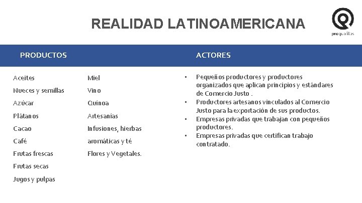 REALIDAD LATINOAMERICANA PRODUCTOS ACTORES • Aceites Miel Nueces y semillas Vino Azúcar Quínoa •