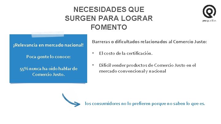 NECESIDADES QUE SURGEN PARA LOGRAR FOMENTO ¡Relevancia en mercado nacional! Poca gente lo conoce: