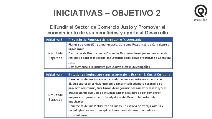 INICIATIVAS – OBJETIVO 2 Difundir el Sector de Comercio Justo y Promover el conocimiento