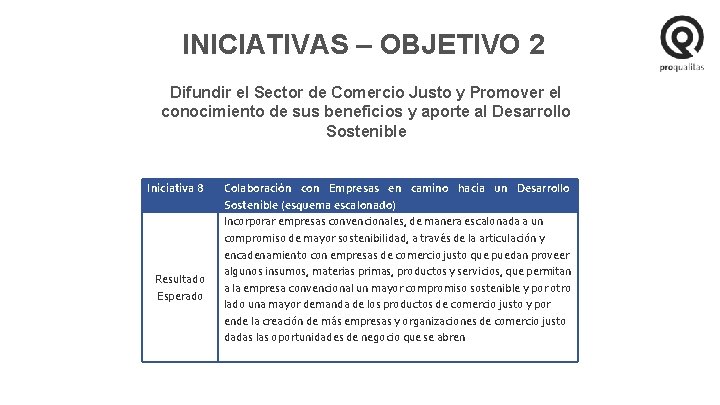 INICIATIVAS – OBJETIVO 2 Difundir el Sector de Comercio Justo y Promover el conocimiento