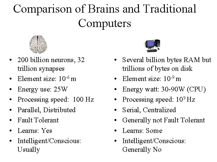 Comparison of Brains and Traditional Computers • 200 billion neurons, 32 trillion synapses •