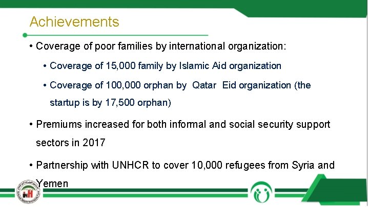 Achievements • Coverage of poor families by international organization: • Coverage of 15, 000