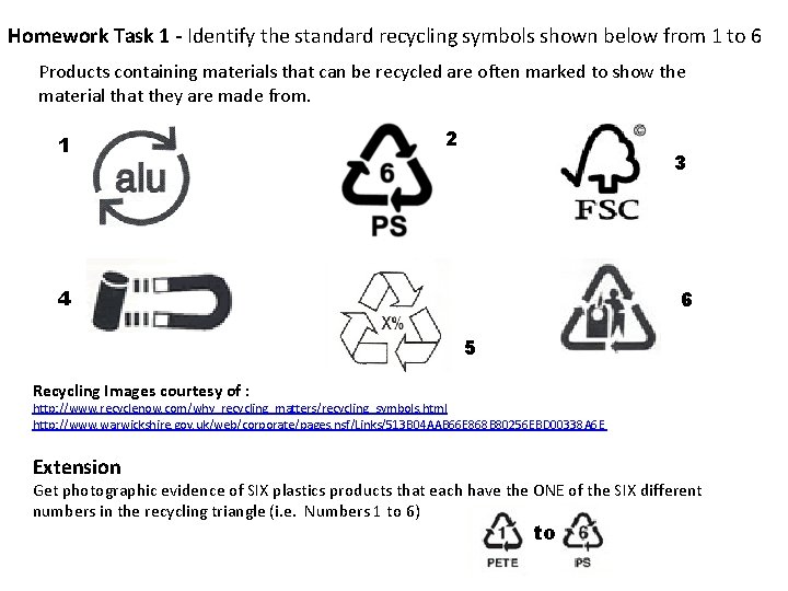 Homework Task 1 - Identify the standard recycling symbols shown below from 1 to
