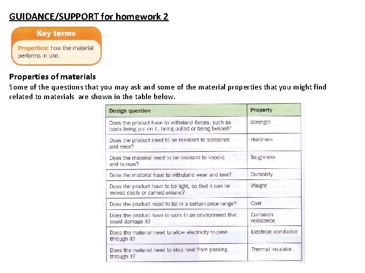 GUIDANCE/SUPPORT for homework 2 Properties of materials Some of the questions that you may