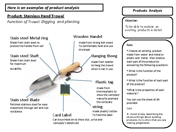 Here is an examples of product analysis Products Analysis Product: Stainless Hand Trowel Function