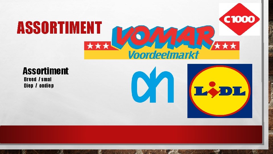 ASSORTIMENT Assortiment Breed / smal Diep / ondiep 