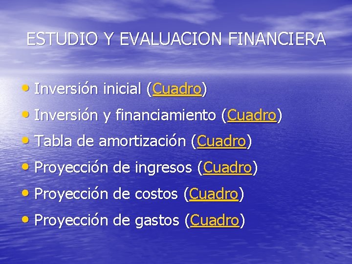 ESTUDIO Y EVALUACION FINANCIERA • Inversión inicial (Cuadro) • Inversión y financiamiento (Cuadro) •
