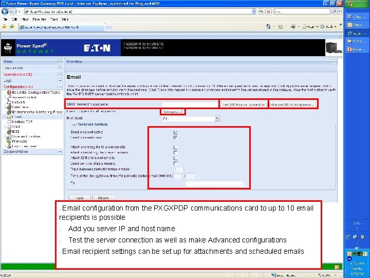 Email configuration from the PXGXPDP communications card to up to 10 email recipients is