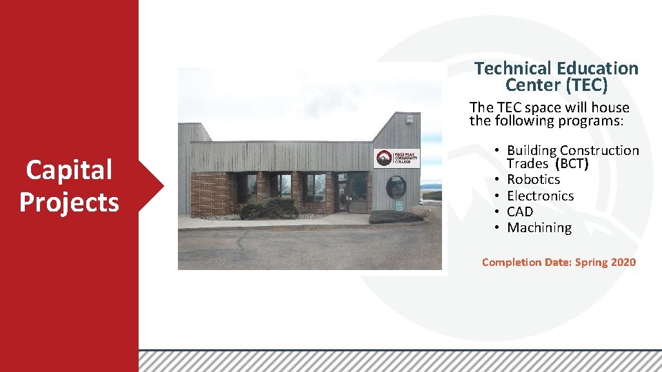 Technical Education Center (TEC) The TEC space will house the following programs: Capital Projects