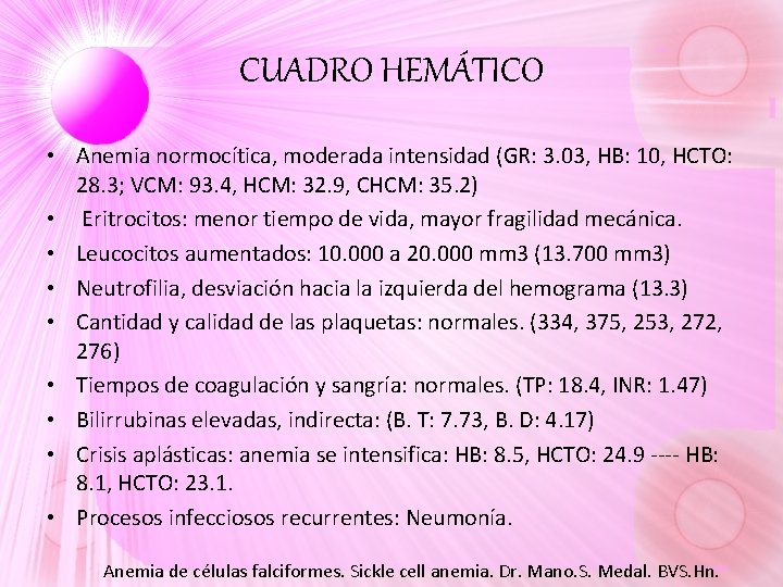 CUADRO HEMÁTICO • Anemia normocítica, moderada intensidad (GR: 3. 03, HB: 10, HCTO: 28. CUADRO HEMÁTICO • Anemia normocítica, moderada intensidad (GR: 3. 03, HB: 10, HCTO: 28.