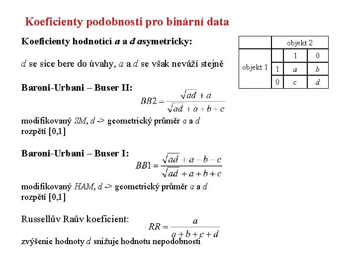 Koeficienty podobnosti pro binární data Koeficienty hodnotící a a d asymetricky: d se sice Koeficienty podobnosti pro binární data Koeficienty hodnotící a a d asymetricky: d se sice