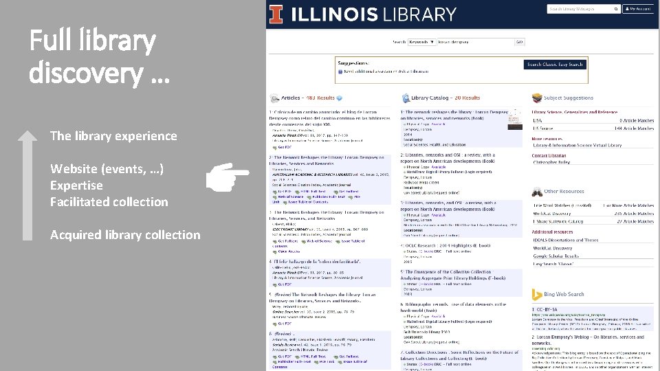 Full library discovery … The library experience Website (events, …) Expertise Facilitated collection Acquired