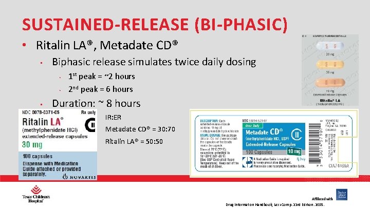SUSTAINED-RELEASE (BI-PHASIC) • Ritalin LA®, Metadate CD® • Biphasic release simulates twice daily dosing