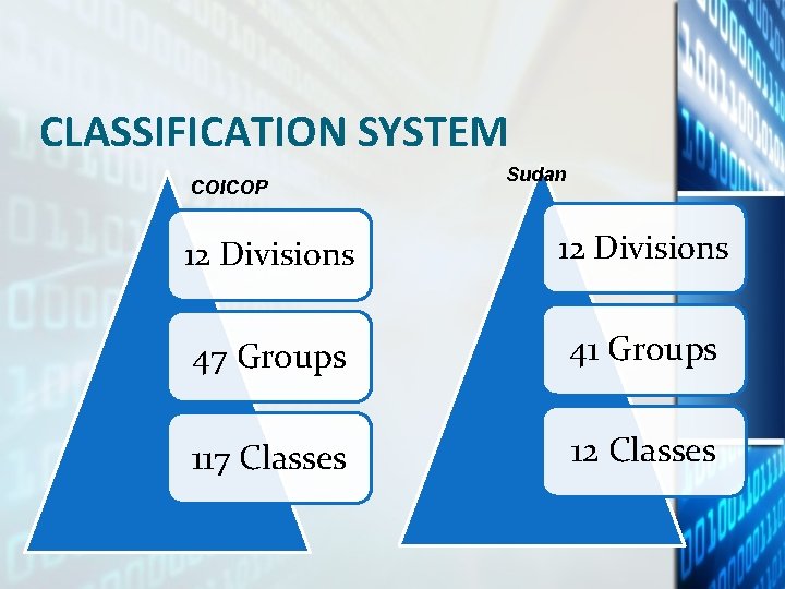 CLASSIFICATION SYSTEM COICOP Sudan 12 Divisions 47 Groups 41 Groups 117 Classes 12 Classes CLASSIFICATION SYSTEM COICOP Sudan 12 Divisions 47 Groups 41 Groups 117 Classes 12 Classes