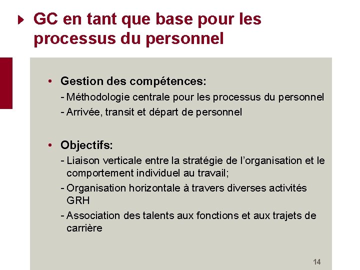 GC en tant que base pour les processus du personnel • Gestion des compétences: