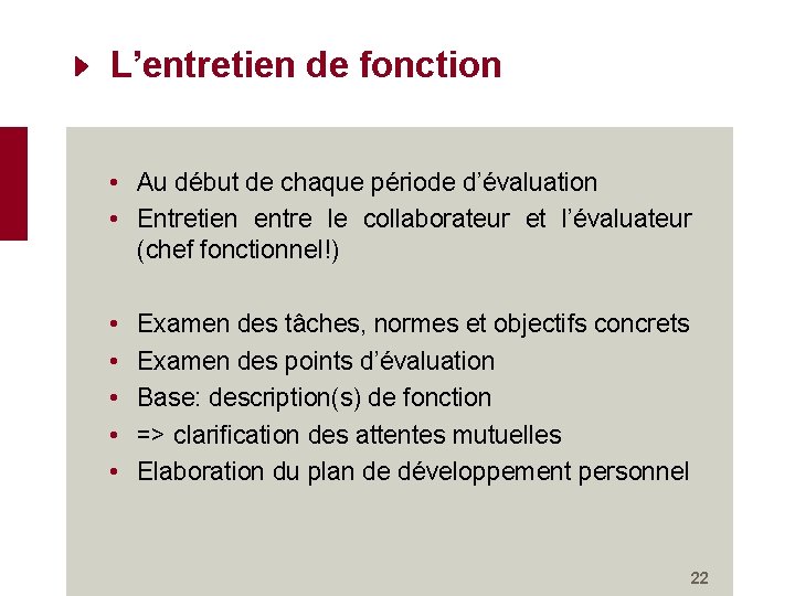 L’entretien de fonction • Au début de chaque période d’évaluation • Entretien entre le