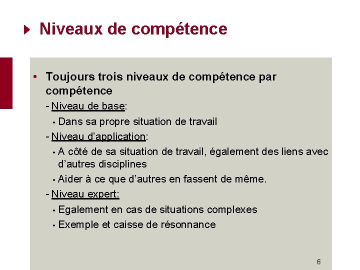 Niveaux de compétence • Toujours trois niveaux de compétence par compétence - Niveau de