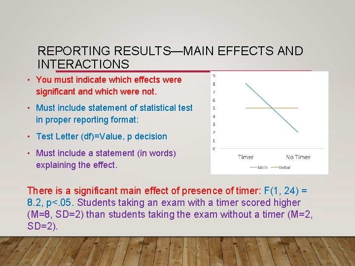 REPORTING RESULTS—MAIN EFFECTS AND INTERACTIONS • You must indicate which effects were significant and